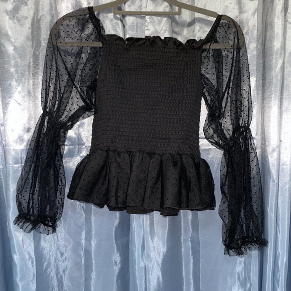 SHEIN Black Dobby Mesh Sleeve Shirred Bardot Peplum Top Polka Dot - Sz L - Picture 2 of 5